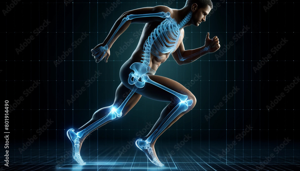 A close-up image of an orthopedic diagnostic interface showing a translucent running man with bones and joints highlighted. The interface is made in futuristic blue and green tones, and annotations ab