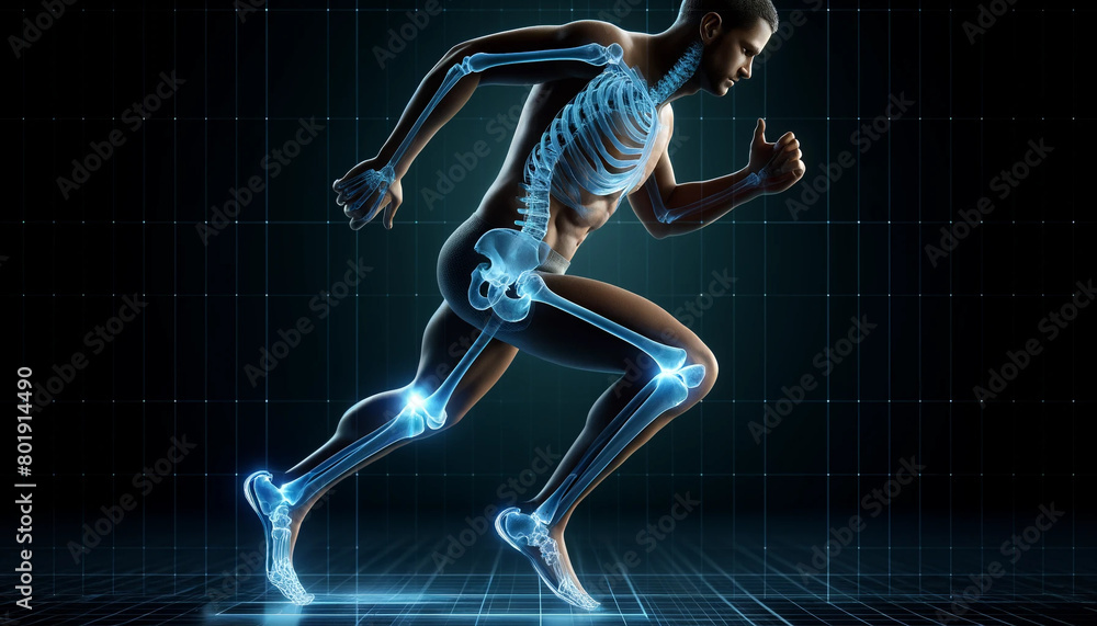 A close-up image of an orthopedic diagnostic interface showing a translucent running man with bones and joints highlighted. The interface is made in futuristic blue and green tones, and annotations ab A close-up image of an orthopedic diagnostic interface showing a translucent running man with bones and joints highlighted. The interface is made in futuristic blue and green tones, and annotations ab