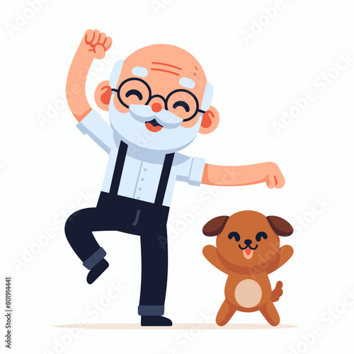 A happy old man is dancing with his dog .