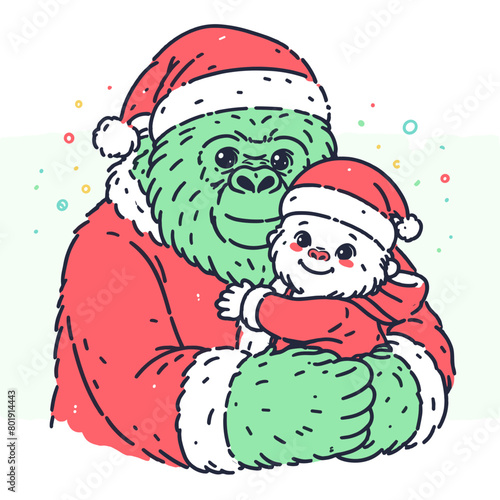 A green gorilla wearing a red Santa hat is hugging a baby sloth wearing a red Santa hat.