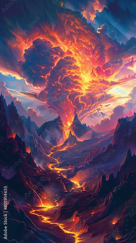 Illustrate a mesmerizing surreal landscape with a tilted perspective showcasing a majestic flame soaring towards the sky
