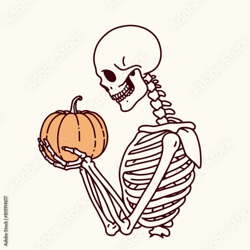 A skeleton holding a pumpkin.
