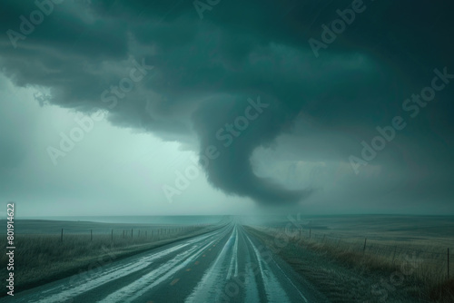 A tornado at the end of a rural dirt road.