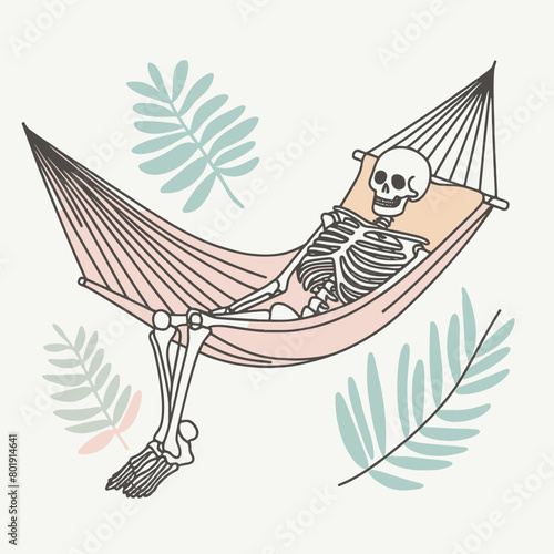 A skeleton is lying in a hammock