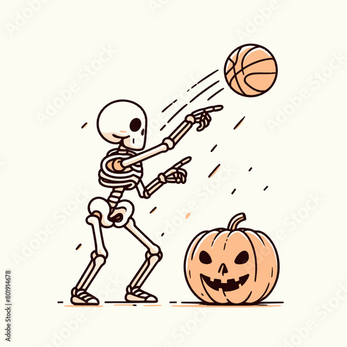A skeleton playing basketball with a pumpkin.