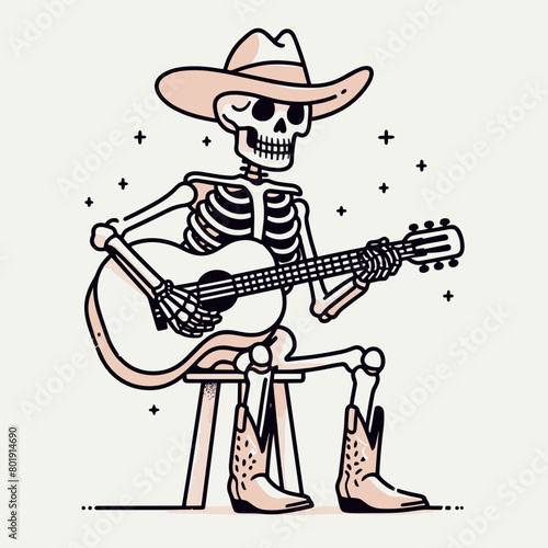 A skeleton wearing a cowboy hat and boots is playing the guitar and singing.