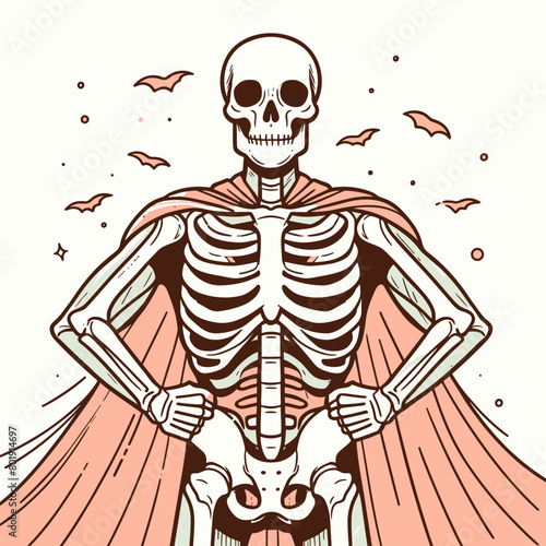 A skeleton wearing a pink cape and standing with hands on hips. Bats are flying around it.
