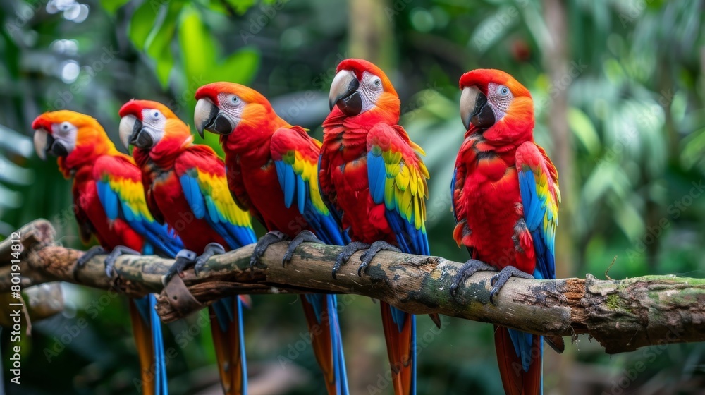 Colorful parrots perched on a tropical branch, vibrant and exotic, ideal for travel agency promotions to tropical destinations