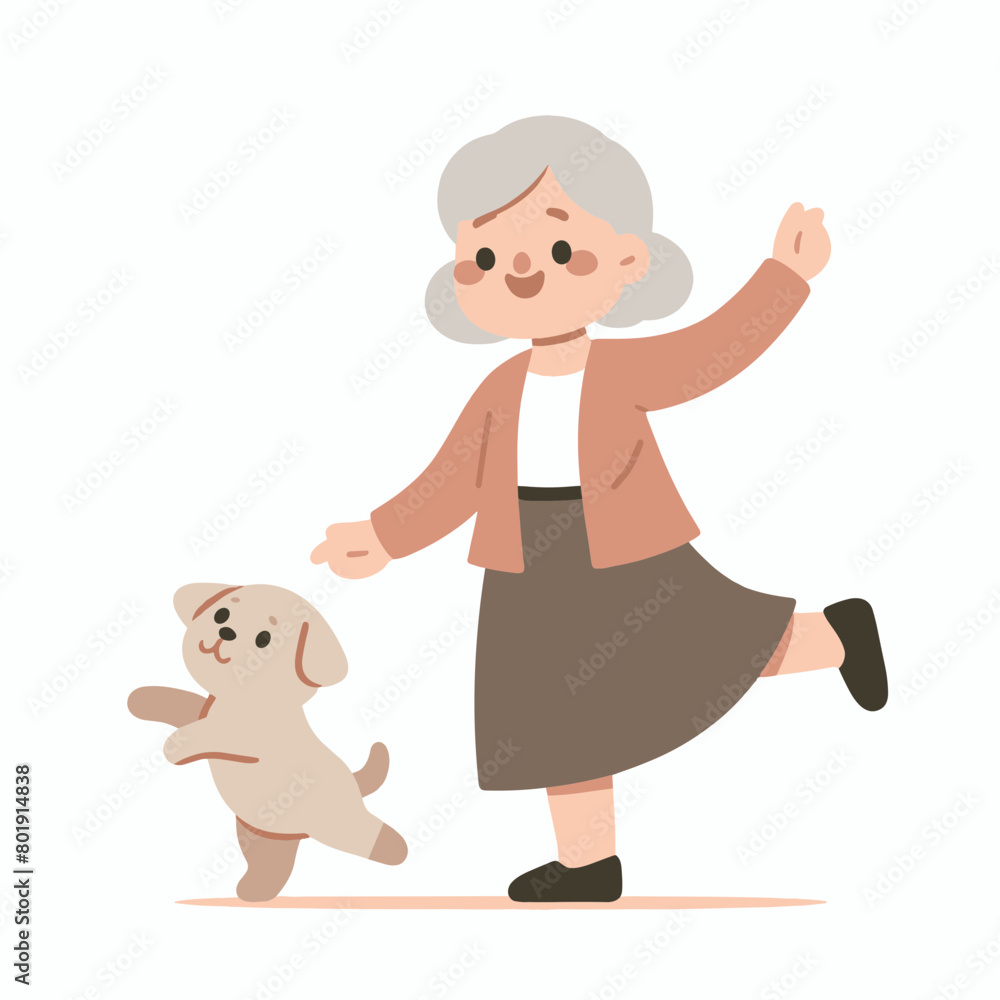 Obraz premium An elderly woman is dancing with a dog .
