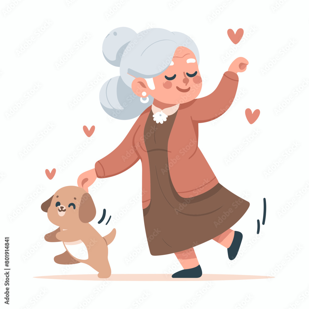 An elderly woman is dancing with a small dog. An elderly woman is dancing with a small dog.
