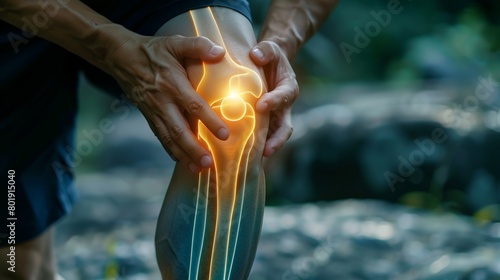 Close up hands man with his knee joint pain. Massaging the Muscles to Ease the Injury. photo