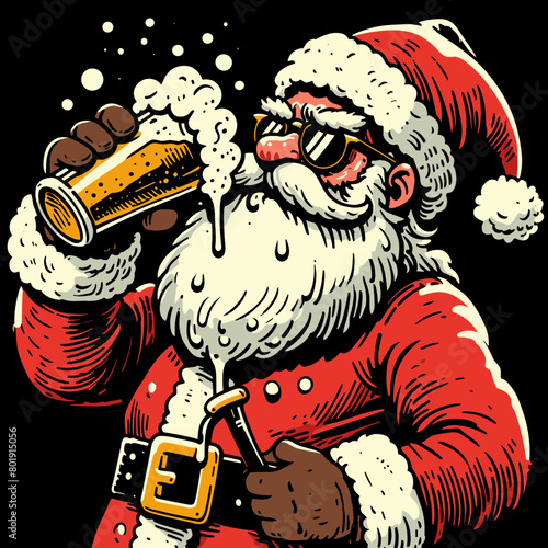 Santa Claus drinking a beer, wearing sunglasses, with a red and white suit.