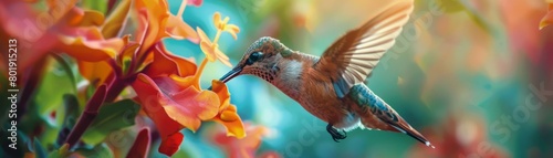 Closeup of a hummingbird sipping nectar from a bright flower, suitable for nature conservancy or ecofriendly product ads photo