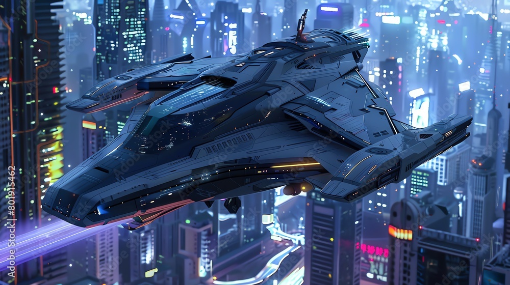 Craft a side view illustration of a futuristic spacecraft hovering over a neon-lit cityscape at dusk, utilizing a sleek and metallic design with glowing accents Craft a side view illustration of a futuristic spacecraft hovering over a neon-lit cityscape at dusk, utilizing a sleek and metallic design with glowing accents