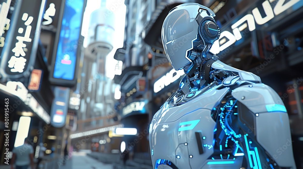 Fototapeta premium Design a futuristic humanoid robot standing tall in a bustling futuristic city square with a tilted angle view