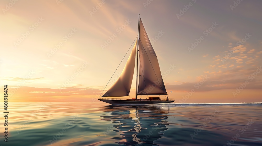 Design a long shot of a majestic sailboat slicing through crystal-clear waters at golden hour