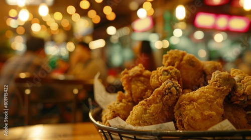 Closeup of a basket of golden fried chicken with a blurred background of a busy restaurant, ideal for fast food promotions