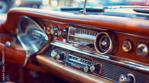 Classic car dashboard with a vintage radio, perfect for a nostalgic automotive parts or restoration service advertisement © kitidach