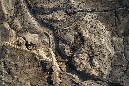 An aerial view of a dried-up riverbed after being washed away by the river, with a vast expanse of land.