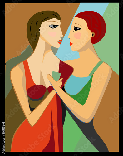 Two stylized female figures are depicted with angular and smooth lines in a modern, abstract style. They are facing each other, one dressed in red while the other wears green, and their poses suggest 