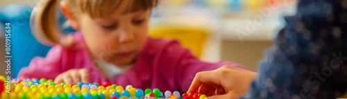 Child learning braille with the help of a teacher, colorful classroom setting, perfect for special education promotional materials
