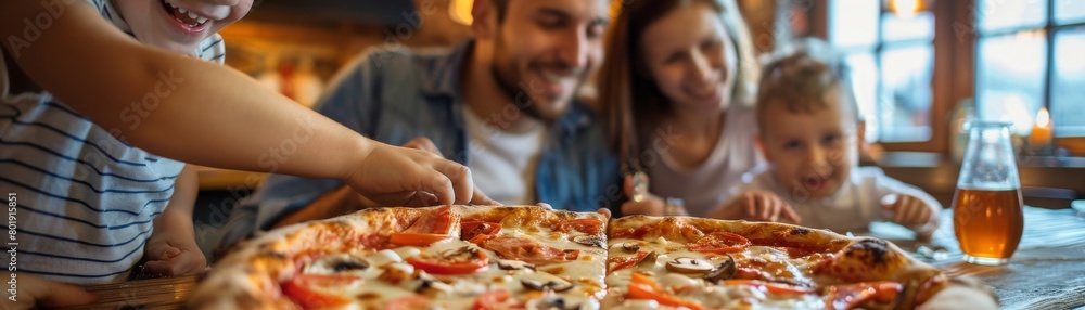 Cheerful family enjoying a large, cheesy pizza at a rustic dining table, perfect for family restaurant advertisements