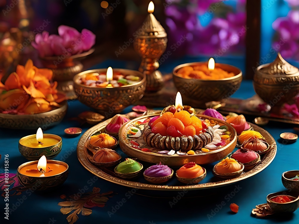 Obraz premium Assorted sweet and snack on Happy Diwali Holiday background for light festival of India
