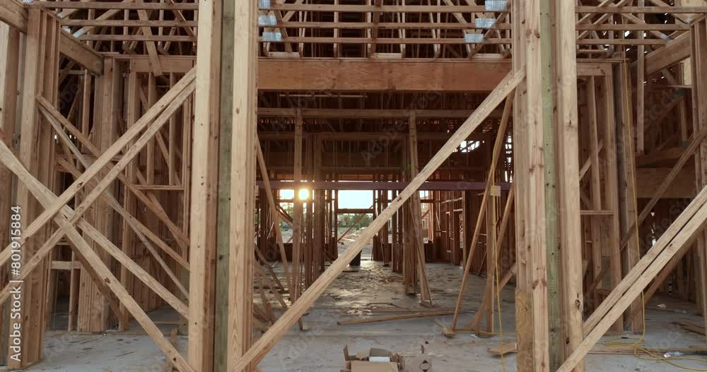 Construction wooden frame of new apartment condo. Development of residential housing in North Port, Florida. Real estate market in the USA. Construction wooden frame of new apartment condo. Development of residential housing in North Port, Florida. Real estate market in the USA.