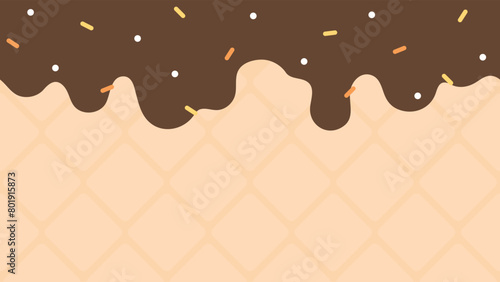 Cute Ice Cream Background with Chocolate Sauce, Colorful Sprinkles Seamless Upper Border on Waffle Cone Background. Flat Vector Illustration.