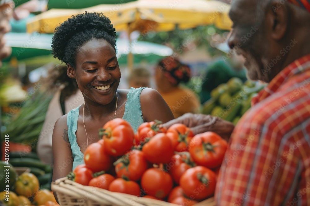 A woman is smiling at a man while he is holding a basket of tomatoes