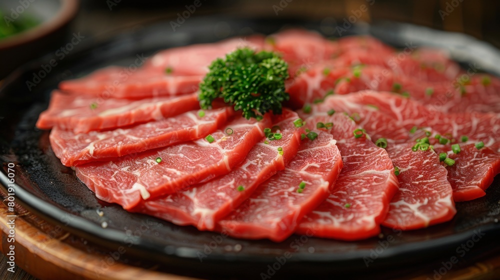 In the center of the frame is a table, on which there is A plate of sliced beef, delicately plated, with a clear texture of the beef, red and white, looks appetizing, The picture has depth of field In the center of the frame is a table, on which there is A plate of sliced beef, delicately plated, with a clear texture of the beef, red and white, looks appetizing, The picture has depth of field