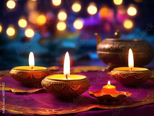 Happy Diwali - Lit diya lamp on street at night. Happy Diwali festival with oil lamp © Prokash