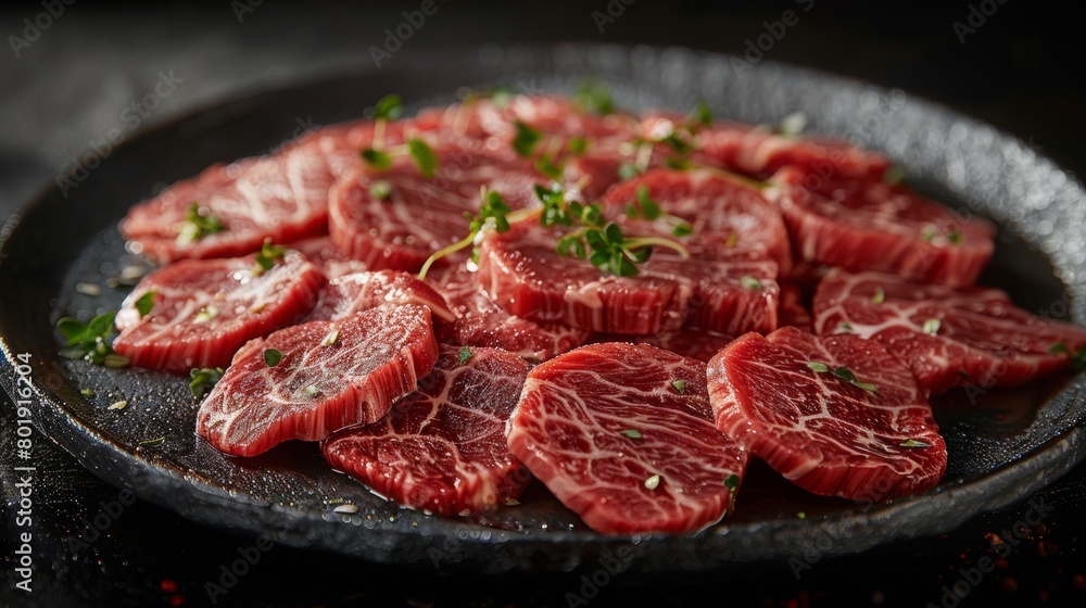 In the center of the frame is a table, on which there is A plate of sliced beef, delicately plated, with a clear texture of the beef, red and white, looks appetizing, The picture has depth of field In the center of the frame is a table, on which there is A plate of sliced beef, delicately plated, with a clear texture of the beef, red and white, looks appetizing, The picture has depth of field