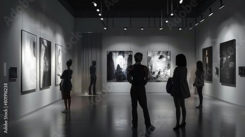 Blackthemed art exhibition, with visitors observing somber works, perfect for cultural center or gallery event advertisements