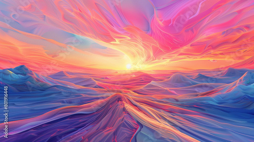 Witness the radiant dawn unfold against a backdrop of shifting gradients  where energetic colors intertwine with deeper shades  shaping a dynamic stage for graphic exploration.