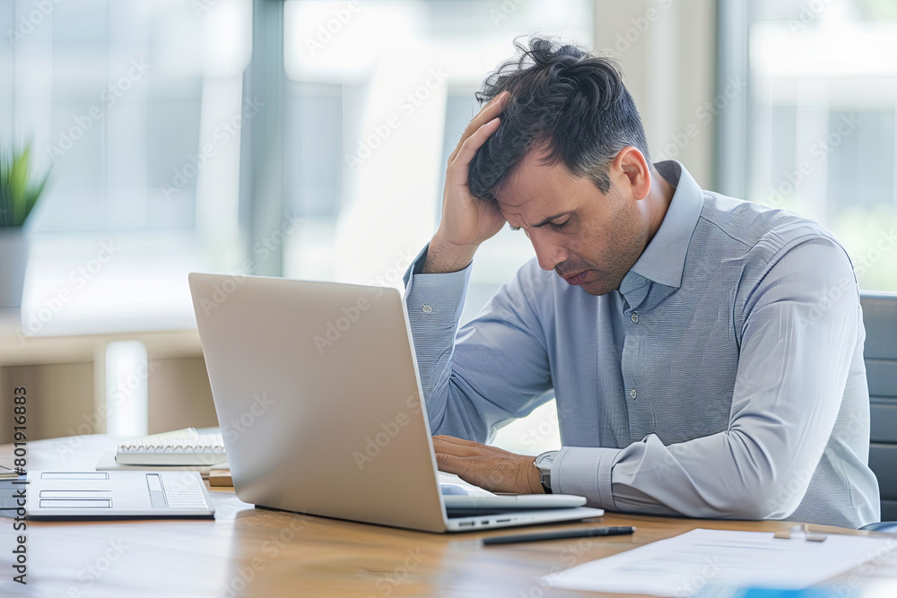 Stressed businessman sitting with laptop at desk
Stressed businessman sitting with laptop at desk