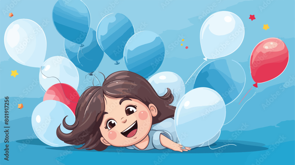 Funny little girl with decor and balloons lying on bl