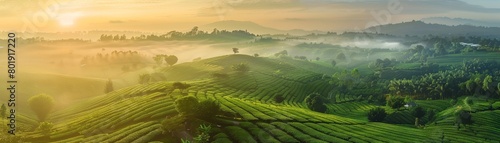 Aerial view of green tea fields at sunrise, misty and tranquil, perfect for organic tea farm or ecotourism ads photo