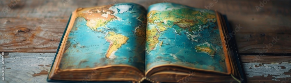 Adventure travel book with stunning images, open on a map, evocative and enticing, suitable for travel agency or guidebook promotions Adventure travel book with stunning images, open on a map, evocative and enticing, suitable for travel agency or guidebook promotions