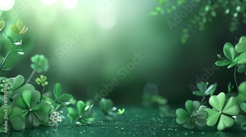 A serene field of dew-kissed clovers under soft  sparkling lights  creating a magical ambiance with copy space for text.