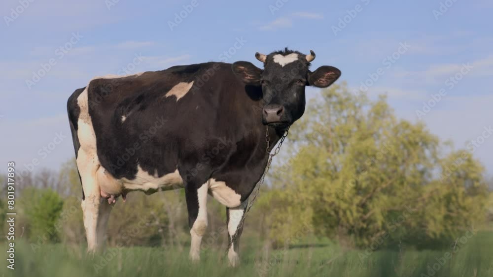 Milk Cow Standing On Beautiful Meadow With Green Grass. Cattle Grazing in Pasture Milk Cow Standing On Beautiful Meadow With Green Grass. Cattle Grazing in Pasture