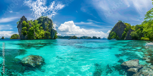  Scenic Tropical Lagoon with Limestone Cliffs. Panoramic view of a tranquil tropical lagoon, showcasing crystal clear waters, dramatic limestone cliffs, and lush foliage under a blue sky.  © hamzarao