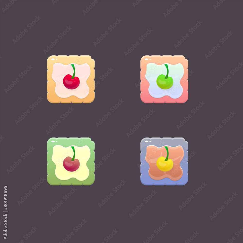Game UI Icons Set Cookies With Cream And Cherry In Different Colors Sweet Isolated Vector Design Game UI Icons Set Cookies With Cream And Cherry In Different Colors Sweet Isolated Vector Design