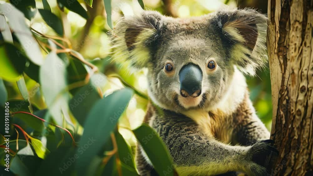 A koala bear sitting on a eucalyptus tree branch A koala bear sitting on a eucalyptus tree branch