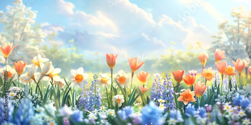 watercolors paint serene spring landscape blooming flowers and a clear blue sky. harmonious blend of blooming spring flowers and whimsical trees, evoking a sense of peace and artistic beauty.  © hamzarao