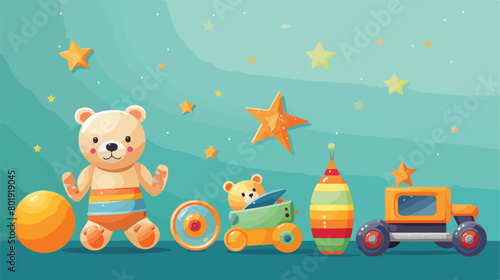 Set of childrens toys on color background with space