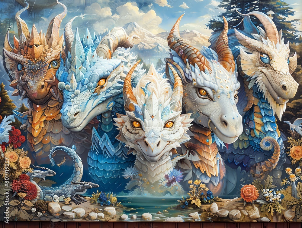 A beautiful painting of a group of dragons in a natural setting
