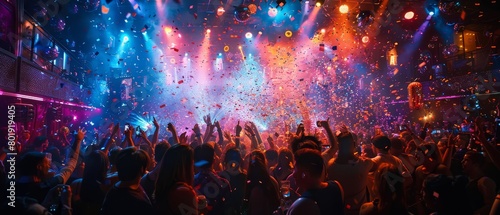 Night club revelry captured in panoramic hyperrealism, with an audience lit by vibrant stage lights, amidst swirls of colorful smoke and confetti, photo