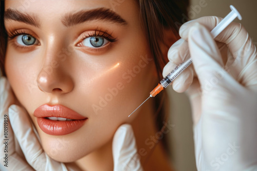 Close-up beautiful female face and cosmetologists hands in white latex glove with syringe. Injections for facial beauty. Rejuvenation and smoothing of wrinkles. Cosmetology concept in clinical.