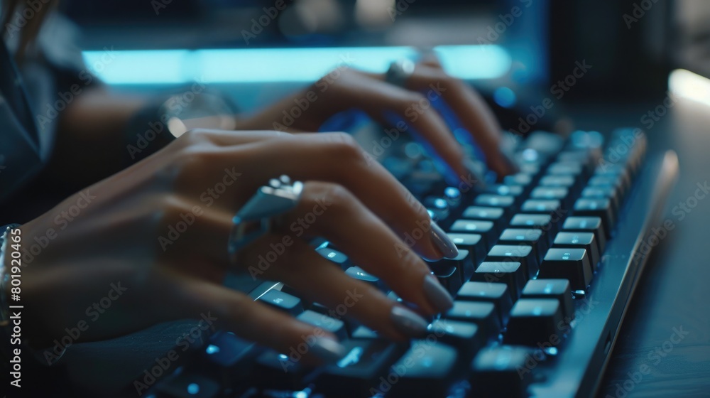 Close-up of businesswoman's hand typing on a sleek, modern keyboard